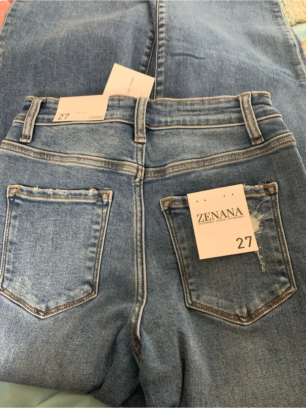 Zenana Outfitters Light Blue High Rise Wide leg Distressed Jeans - Picture 2 of 4